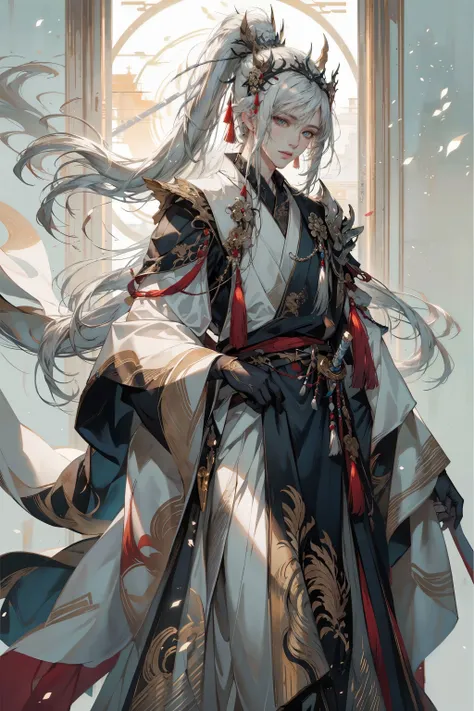HDR,UHD,8K, best quality, masterpiece, Highly detailed, Studio lighting, physically-based rendering, 1boy, solo,
1boy, ancient costume, gloves, white hair, long hair, upper body, all white color costume, high ponytail, hair ornament, the ornament on the shoulder of the shirt, holding sword,
<lora:add_detail:0.3> <lora:AncientCostume:0.7>