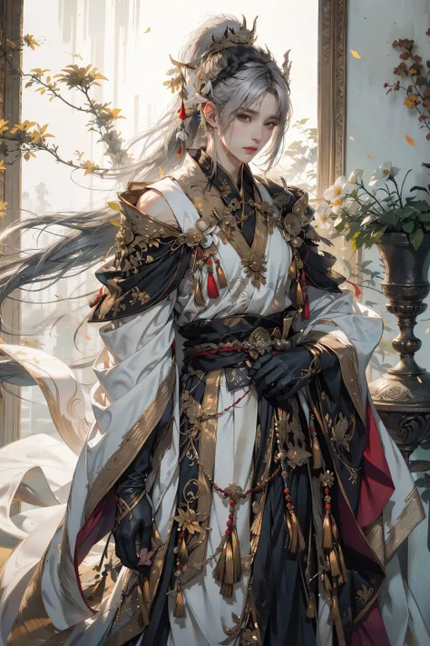HDR,UHD,8K, best quality, masterpiece, Highly detailed, Studio lighting, physically-based rendering, 1boy, solo,
1boy, ancient costume, gloves, white hair, long hair, upper body, all white color costume, high ponytail, hair ornament, the ornament on the shoulder of the shirt, yellow flowers,
<lora:add_detail:0.3> <lora:AncientCostume:0.7>
