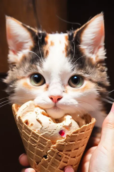 best quality, professional lighting, super detailed, realistic, beautiful detailed eyes, <lora:cat_20230627113759:0.8> cat, <lora:Ice_Cream:0.8> ice_cream, holding