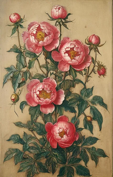 masterpiece,best quality,<lora:tbh183-sdxl:0.8>,illustration,style of Albrecht Durer, decaying peonies