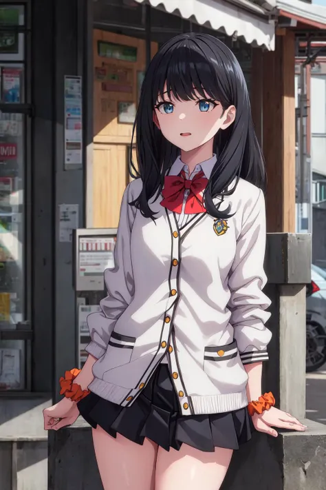 masterpiece, best quality, highres, rikka1, 1girl, takarada rikka, black hair, solo, blue eyes, wrist scrunchie, long hair, red socks, school uniform, black skirt, bangs, pleated skirt, orange scrunchie, red bow, white cardigan, long sleeves, bowtie, white shirt, miniskirt, white sweater, cowboy shot, <lora:takaradaRikka_v10:0.6>