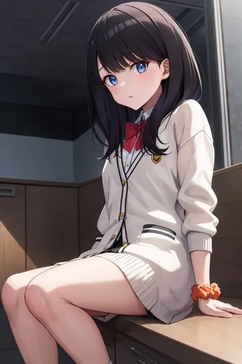 masterpiece, best quality, highres, rikka1, 1girl, takarada rikka, black hair, solo, blue eyes, wrist scrunchie, long hair, red socks, school uniform, black skirt, bangs, pleated skirt, orange scrunchie, red bow, white cardigan, long sleeves, bowtie, white shirt, miniskirt, white sweater, <lora:takaradaRikkaSSSS_v10:0.6>,looking at viewer