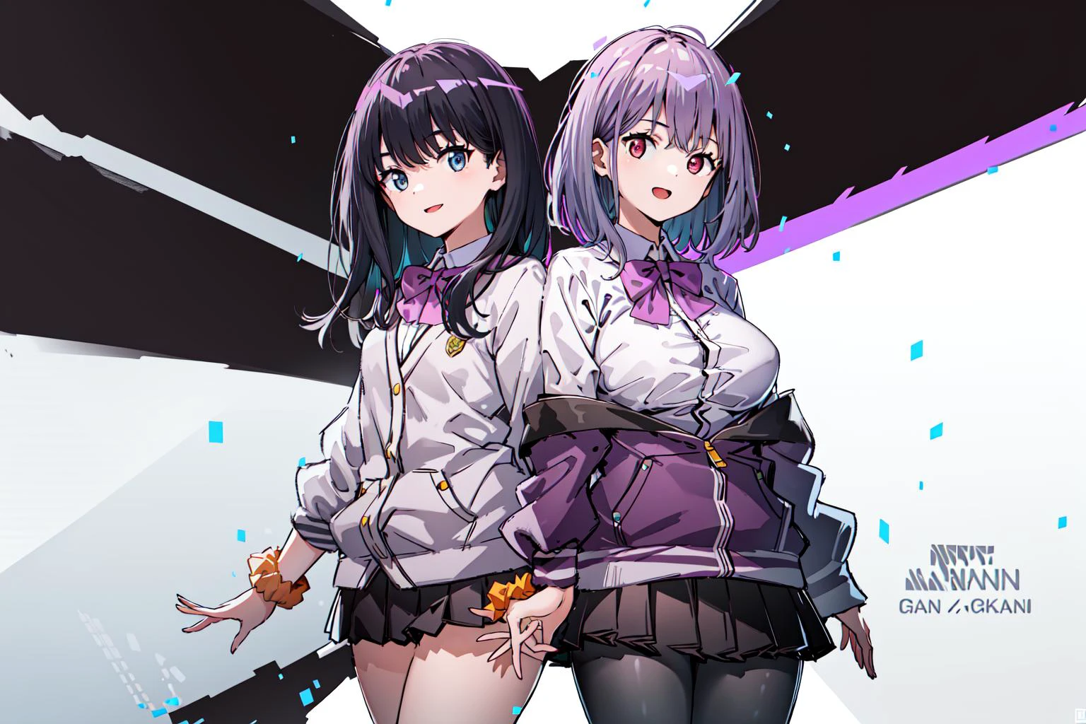 2girls, multiple girls, <lora:takarada_rikka_v1:0.6>,rikka1, takarada rikka, black hair, blue eyes, wrist scrunchie, long hair, red socks, school uniform, black skirt, bangs, pleated skirt, orange scrunchie, red bow, white cardigan, long sleeves, bowtie, white shirt, miniskirt, white sweater,happy,looking at viewer,face focus,
BREAK
2girls,aaakane,multiple girls, <lora:shinjou_akane_v2:0.8>,aaakane, short hair, red eyes, large breasts, purple bowtie, collared shirt, white shirt, off shoulder, purple jacket, partially unzipped, long sleeves, sleeves past wrists, pleated skirt, black skirt, pantyhose,happy,looking at viewer,face focus,