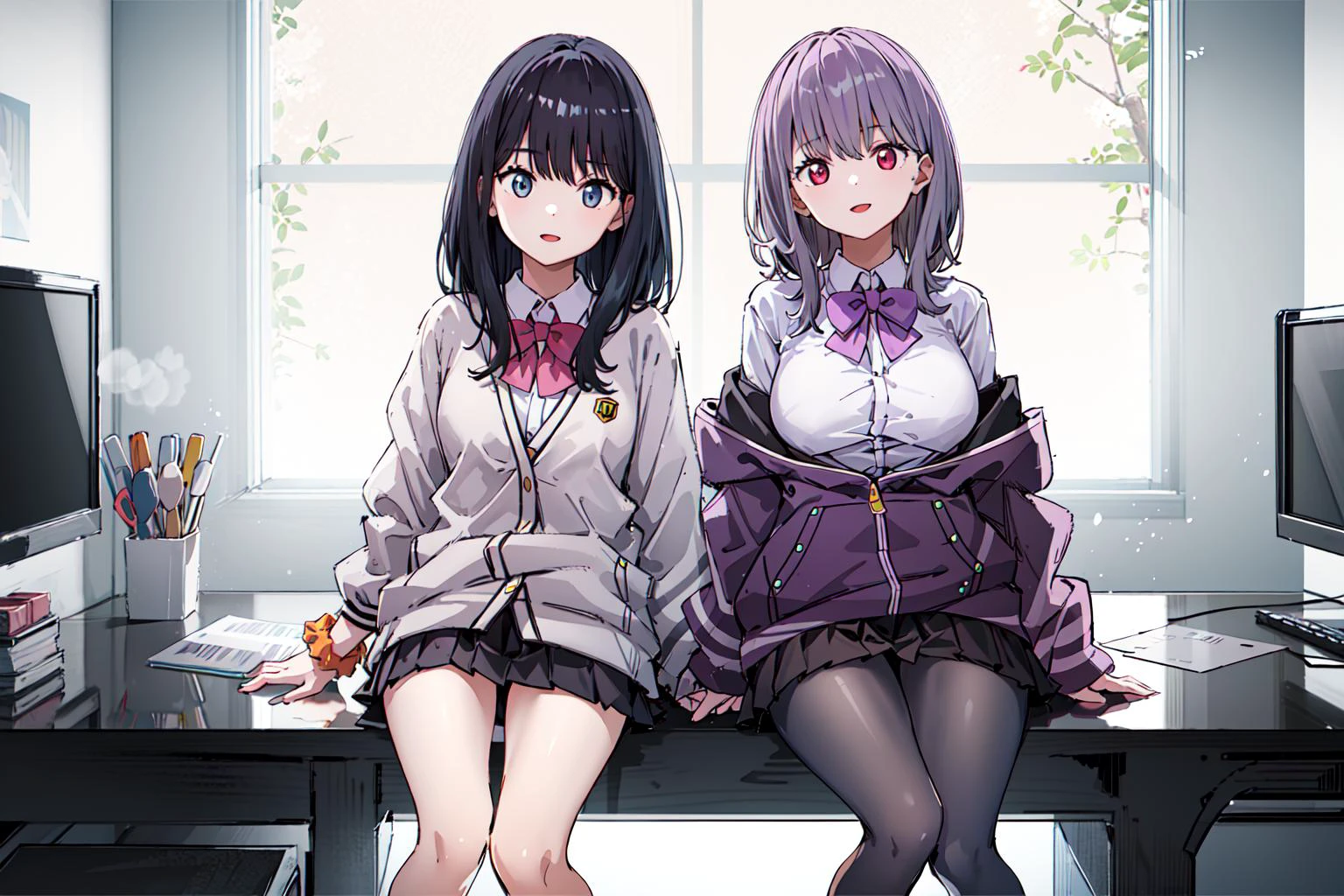 2girls, multiple girls, <lora:takarada_rikka_v1:0.6>,rikka1, takarada rikka, black hair, blue eyes, wrist scrunchie, long hair, red socks, school uniform, black skirt, bangs, pleated skirt, orange scrunchie, red bow, white cardigan, long sleeves, bowtie, white shirt, miniskirt, white sweater,happy,looking at viewer,face focus,looftop,
BREAK
2girls,aaakane,multiple girls, <lora:shinjou_akane_v2:0.8>,aaakane, short hair, red eyes, large breasts, purple bowtie, collared shirt, white shirt, off shoulder, purple jacket, partially unzipped, long sleeves, sleeves past wrists, pleated skirt, black skirt, pantyhose,happy,looking at viewer,face focus,