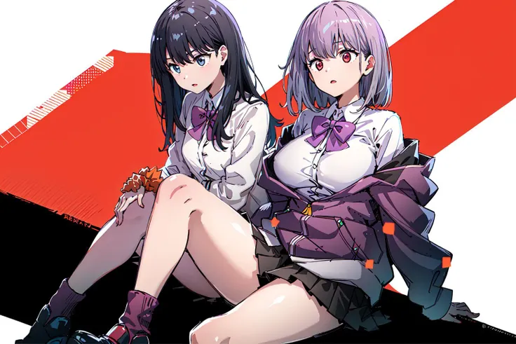 2girls, multiple girls, <lora:takarada_rikka_v1:0.6>,rikka1, takarada rikka, black hair, blue eyes, wrist scrunchie, long hair, red socks, school uniform, black skirt, bangs, pleated skirt, orange scrunchie, red bow, white cardigan, long sleeves, bowtie, white shirt, miniskirt, white sweater,
 BREAK
2girls,aaakane,multiple girls, <lora:shinjou_akane_v2:0.8>,aaakane, short hair, red eyes, large breasts, purple bowtie, collared shirt, white shirt, off shoulder, purple jacket, partially unzipped, long sleeves, sleeves past wrists, pleated skirt, black skirt, pantyhose,