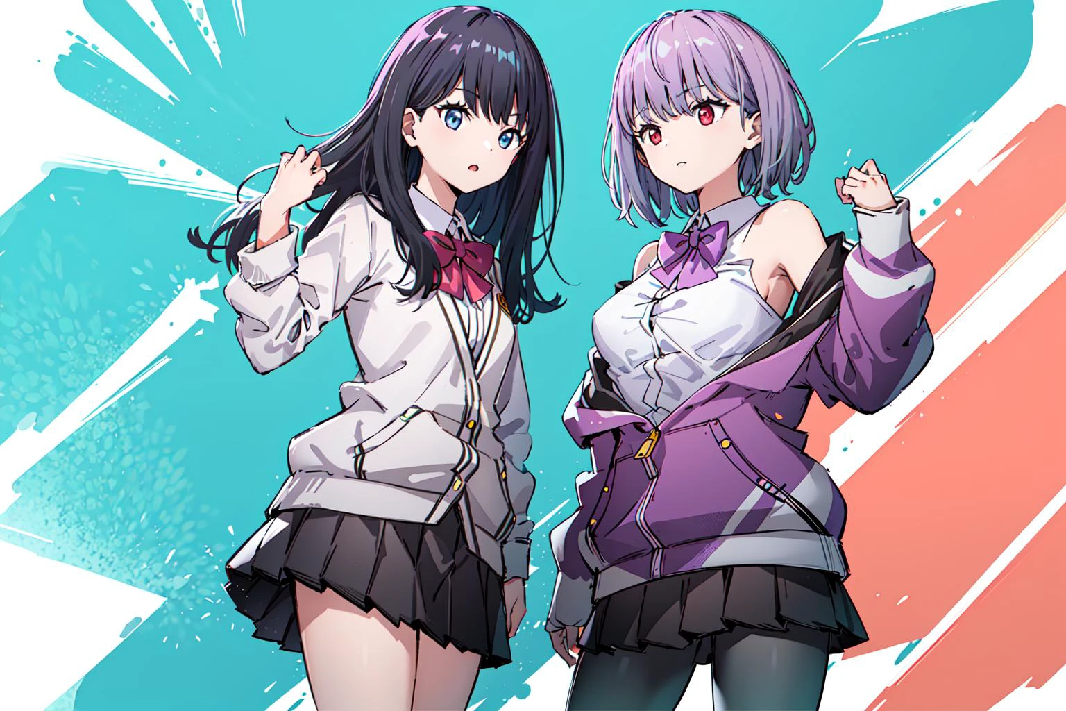 2girls, multiple girls, <lora:takarada_rikka_v1:0.6>,rikka1, takarada rikka, black hair, blue eyes, wrist scrunchie, long hair, red socks, school uniform, black skirt, bangs, pleated skirt, orange scrunchie, red bow, white cardigan, long sleeves, bowtie, white shirt, miniskirt, white sweater,
BREAK
2girls,aaakane,multiple girls, <lora:shinjou_akane_v2:0.8>,aaakane, short hair, red eyes, large breasts, purple bowtie, collared shirt, white shirt, off shoulder, purple jacket, partially unzipped, long sleeves, sleeves past wrists, pleated skirt, black skirt, pantyhose,
