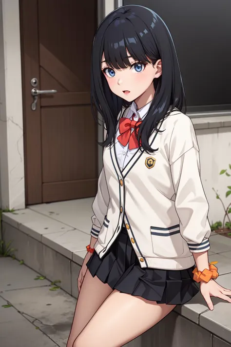 masterpiece, best quality, highres, rikka1, 1girl, takarada rikka, black hair, solo, blue eyes, wrist scrunchie, long hair, red socks, school uniform, black skirt, bangs, pleated skirt, orange scrunchie, red bow, white cardigan, long sleeves, bowtie, white shirt, miniskirt, white sweater, <lora:takarada_rikka_v1:0.6>, cowboy shot