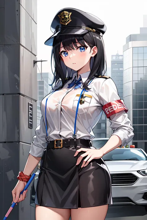 masterpiece, best quality, highres, rikka1, 1girl, takarada rikka, black hair, solo, blue eyes, long hair, bangs, <lora:takarada_rikka_v1:0.55>, cowboy shot, police uniform, pencil_skirt, police hat, armband, jacket, long sleelve