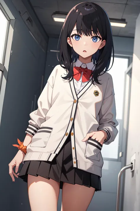 masterpiece, best quality, highres, rikka1, 1girl, takarada rikka, black hair, solo, blue eyes, wrist scrunchie, long hair, red socks, school uniform, black skirt, bangs, pleated skirt, orange scrunchie, red bow, white cardigan, long sleeves, bowtie, white shirt, miniskirt, white sweater, <lora:takarada_rikka_v1:0.6>, cowboy shot