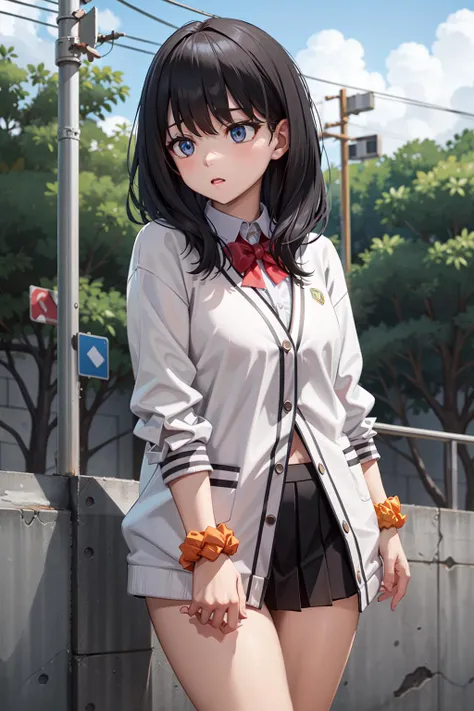 masterpiece, best quality, highres, rikka1, 1girl, takarada rikka, black hair, solo, blue eyes, wrist scrunchie, long hair, red socks, school uniform, black skirt, bangs, pleated skirt, orange scrunchie, red bow, white cardigan, long sleeves, bowtie, white shirt, miniskirt, white sweater, <lora:takarada_rikka_v1:0.6>, cowboy shot