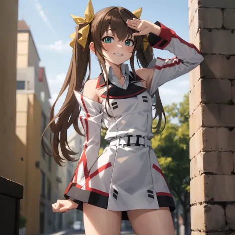 masterpiece,best quality,highres,ultra-detailed,aalingyin,long hair,twintails,hair ribbon,yellow ribbon,school uniform,shirt,white shirt,detached sleeves,bare shoulders,belt,skirt,white skirt,kneehighs,socks,(black socks:1.4),boots,lace-up boots,brown footwear,<lora:Huang_Lingyin:0.9>,outdoors,standing,cowboy shot,smile,salute,