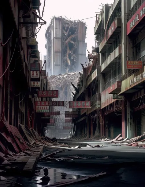 Post-Apocalyptic Wasteland, Ruined Cities, Survival Scavengers, Barren Landscapes, Environmental Collapse, Grim Futures. <lora:NEOTOKIOXL_0.2_RC:0.9>