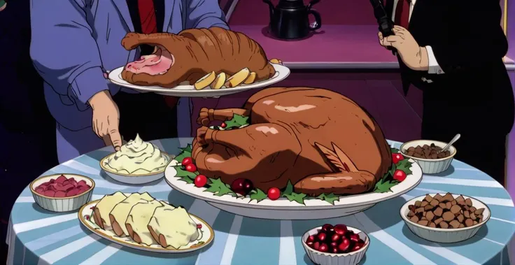 Festive Feast, Roast Turkey or Ham, Cranberry Sauce, Mashed Potatoes, Stuffing, Christmas Pudding, Family Gatherings, Feast of Delicious Food. <lora:NEOTOKIOXL_0.2_RC:0.9>