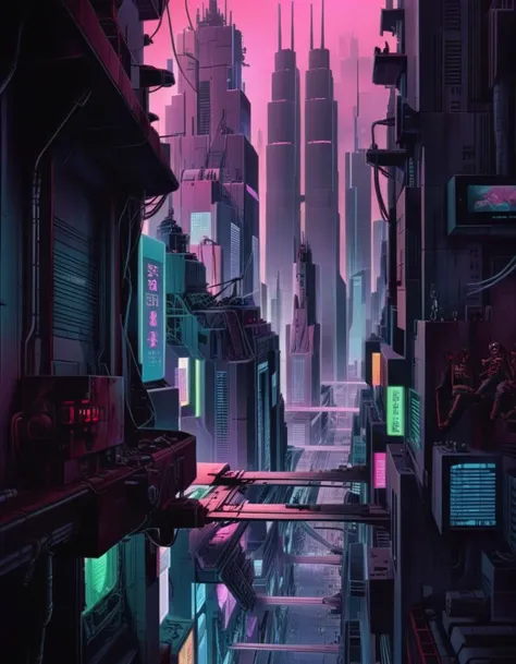 Dystopian Cityscape: Neon lights, towering skyscrapers, pollution haze, rebels, futuristic technology, surveillance drones. <lora:NEOTOKIOXL_0.2_RC:0.9>