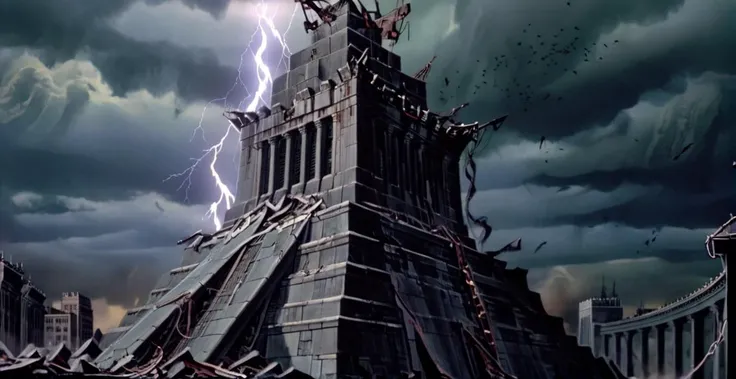 The Tower: A tower is struck by lightning, signifying sudden upheaval, revelation, and the collapse of old structures. <lora:NEOTOKIOXL_0.2_RC:0.9>