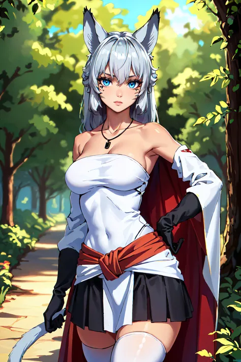 (masterpiece, best quality, ultra detailed, absurdres:1.5), 1girl, (sexy, beautiful woman, perfect face, perfect eyes, perfect female body, medium breasts:1.5), (white shirt, long hair, gray hair, cat ears, necklace, yellow waist cape, detached sleeves, black miniskirt, (white thighhighs:1.3), cat tail, black gloves, <lora:Suphia:0.7>, <lora:NSFWFilter:-1>), (standing, outdoors, forest), perfect lighting, smooth, hdr
