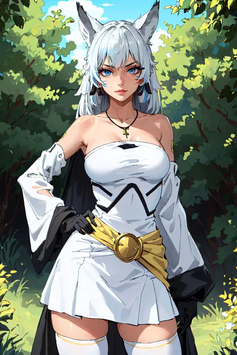 (masterpiece, best quality, ultra detailed, absurdres:1.5), 1girl, (sexy, beautiful woman, perfect face, perfect eyes, perfect female body, medium breasts:1.5), (white shirt, long hair, gray hair, cat ears, necklace, yellow waist cape, detached sleeves, black miniskirt, (white thighhighs:1.3), cat tail, black gloves, <lora:Suphia:0.7>, <lora:NSFWFilter:-1>), (standing, outdoors, forest), perfect lighting, smooth, hdr