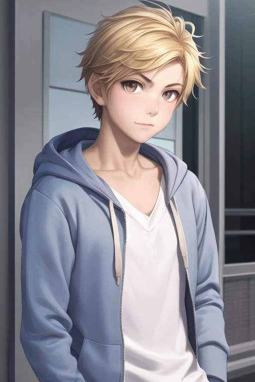 masterpiece, best quality, high quality, 1boy, solo, male focus, looking at viewer, upper body, <lora:haruki_serizawa:0.60>, haruki_serizawa, brown eyes, blonde hair, realistic, hoodie