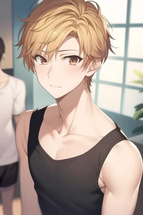 masterpiece, best quality, high quality, 1boy, solo, male focus, looking at viewer, upper body, <lora:haruki_serizawa:0.64>, haruki_serizawa, brown eyes, blonde hair, , tank top