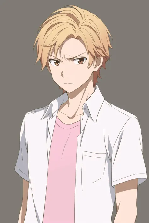masterpiece, best quality, haruki_serizawa, 1boy, solo, portrait, upper body, standing, blonde hair, brown eyes, annoyed, dress shirt, open shirt, pink t-shirt, simple background,
