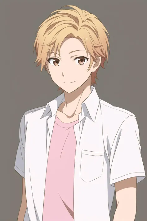 masterpiece, best quality, haruki_serizawa, 1boy, solo, portrait, upper body, standing, blonde hair, brown eyes, light smile, dress  shirt, open shirt, pink t-shirt, simple background,