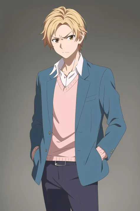 masterpiece, best quality, haruki_serizawa, 1boy, solo, portrait, upper body, standing, blonde hair, brown eyes, annoyed, blue jacket, pink sweater, dress shirt, blue pants, hands in pockets, simple background,
