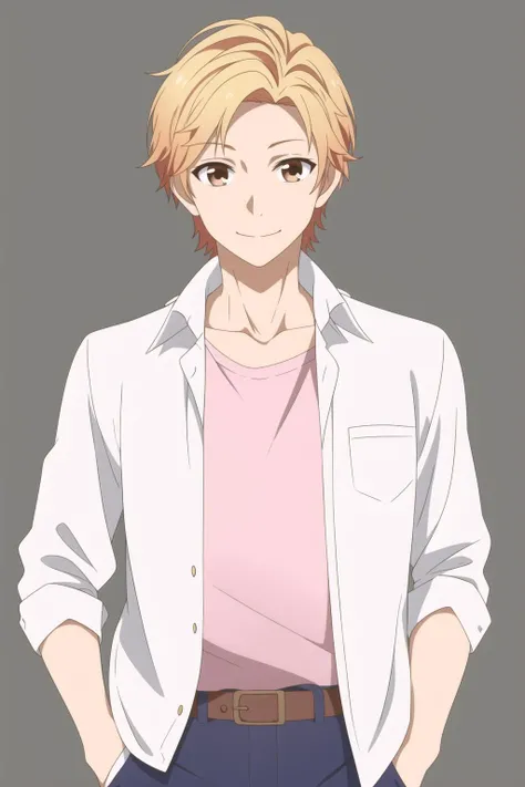 masterpiece, best quality, haruki_serizawa, 1boy, solo, portrait, upper body, standing, blonde hair, brown eyes, light smile, dress shirt, open shirt, pink t-shirt, blue pants, hands in pockets, simple background,