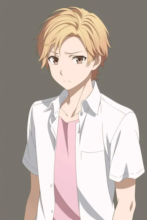 masterpiece, best quality, haruki_serizawa, 1boy, solo, portrait, upper body, standing, blonde hair, brown eyes, sad, dress  shirt, open shirt, pink t-shirt, simple background,