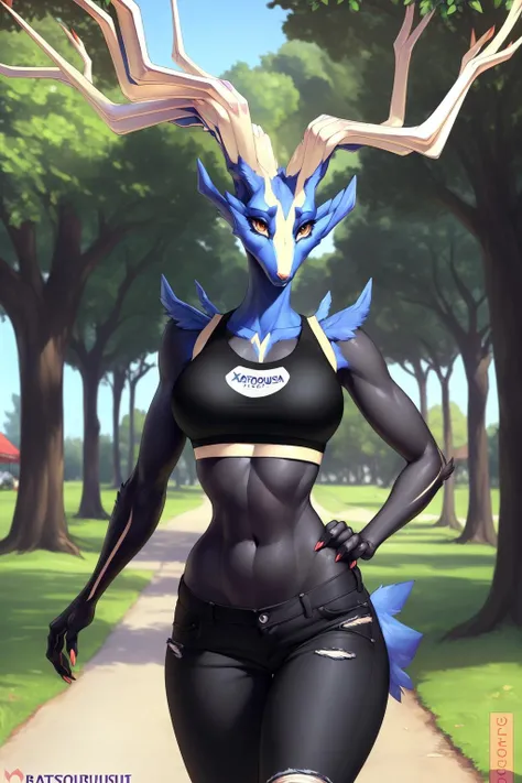 uploaded on e621, explicit content, 3d, (bastika, cutesexyrobutts, hioshiru), female, solo, xerneas, black body, park setting, walking trail, (black jeans, crop top:1.2), closeup, three-quarter portrait, milf
 <lora:Xerneas:1>
