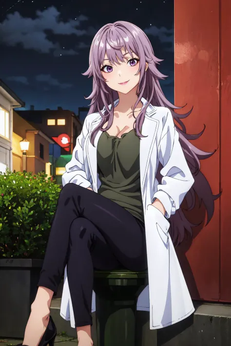 masterpiece, best quality, SawadaV4, 1girl, solo, looking at viewer, smile, shirt, cleavage, sitting, cowboy shot, outdoors, purple eyes, city alley, night, pants, black footwear, high heels, ((hands in pocket)), crossed legs, black pants, labcoat, <lora:SawadaV4-06:0.8>