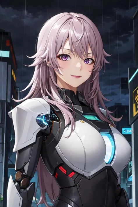 masterpiece, best quality, SawadaV4, 1girl, solo, looking at viewer, slight smile, upper body, outdoors, city alley, night, rain, thunder, ((robot, girl is a robot, armor, electric circuit)), <lora:SawadaV4-06:0.7>