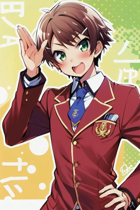 Kinoshita Hideyoshi, solo, 1boy, school uniform, green eyes, male focus,brown hair, hair ornament, necktie, blush, hairclip, salute, short hair, hand on hip, open mouth, androgynous, <lora:Haga Yui_XL:0.8>
