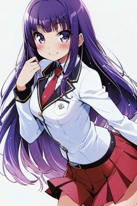 Kirishima Shouko, 1girl, solo, long hair, school uniform, red skirt, purple hair, red necktie,blush, smile, purple eyes, simple background, white background,<lora:Haga Yui_XL:0.8>