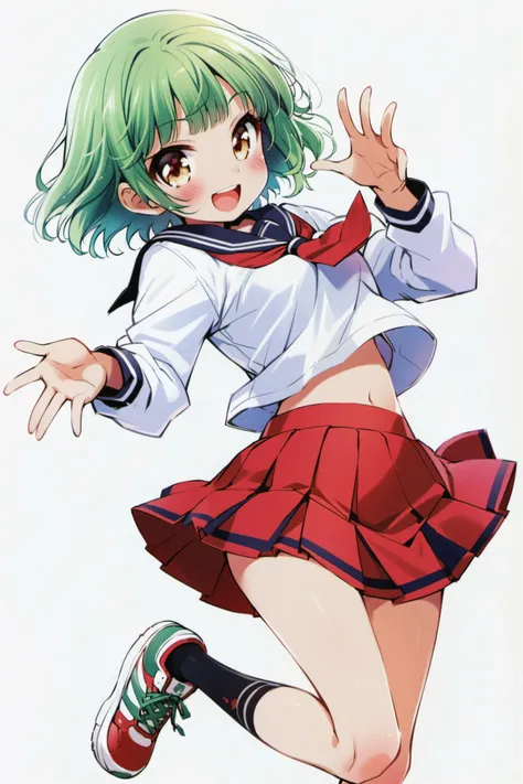 Kudou Aiko, 1girl, solo, green hair, sneakers, skirt, school uniform, short hair, open mouth, serafuku, smile, blush, midriff, socks, pleated skirt, yellow eyes, simple background, :d, looking at viewer, white background, brown eyes,<lora:Haga Yui_XL:0.8>