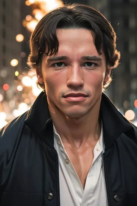 1man, solo, portrait of arnoldyoung man wear leater jacket and white shirt, explosion, new york,  details, realistic, photography, blurry background, softfocus  <lora:ARWArnoldYoung:1>