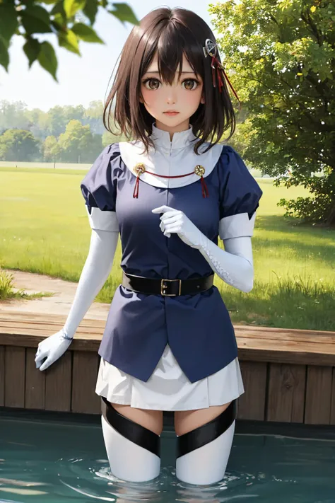 (masterpiece, best quality:1.2), cowboy shot, solo, 1girl, haguro, expressionless, looking at viewer, wading, hair ornament, juliet sleeves, skirt, white pantyhose, elbow gloves <lora:kancolle_haguro:1.0>