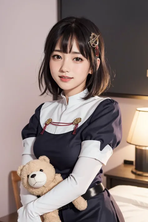 <lora:kancolle_haguro:1>, haguro, best quality, masterpiece, illustration, (realistic, photo-realistic:1.37), amazing, finely detail, incredibly absurdres, huge filesize, ultra-detailed, highres, extremely detailed CG unity 8k wallpaper, extremely detailed eyes and face, ray tracing, 1girl, small breasts, short hair, bangs, hair ornament, juliet sleeves, white pantyhose, black skirt, elbow gloves, looking at viewer, A portrait of a young Japanese girl cutely posing with a doll in her pink bedroom. She is standing next to a white desk, holding a large stuffed bear doll in her arms. She hugs the fluffy bear tenderly, resting her cheek on its head with a sweet smile. Her hair ornament and school uniform including juliet sleeves, long light purple blouse, and black belt nicely complement the pink wall behind her. Stickers, framed photos, and decorative lights adorn the girly room. The soft lighting and her gentle expression create a serene, adorable atmosphere. Digital art portraying a girl affectionately cuddling her favorite plush doll.