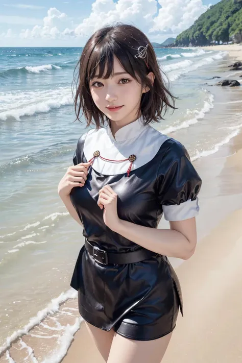 <lora:kancolle_haguro:0.8>, haguro, haguro \(kancolle\), best quality, masterpiece, illustration, (realistic, photo-realistic:1.37), amazing, finely detail, incredibly absurdres, huge filesize, ultra-detailed, highres, extremely detailed CG unity 8k wallpaper, extremely detailed eyes and face, ray tracing, 1girl, small breasts, skindentation, A portrait of a young Japanese girl with short black hair and brown eyes looking shyly at the viewer. She is wading in shallow, clear water near a sandy beach, with some shells and rocks on the seafloor. In the background, a bright blue sky meets the ocean horizon, with a few seagulls flying overhead. She is wearing a hair ornament, juliet sleeves, long light purple blouse, black belt tied at the waist of the blouse, white gloves that go up to her elbows. She has rosy blushed cheeks and a slight, bashful smile. Digital art portrait with a realistic beach setting.