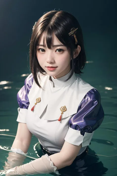 <lora:kancolle_haguro:0.8>, haguro, haguro \(kancolle\), best quality, masterpiece, illustration, (realistic, photo-realistic:1.37), amazing, finely detail, incredibly absurdres, huge filesize, ultra-detailed, highres, extremely detailed CG unity 8k wallpaper, extremely detailed eyes and face, ray tracing, 1girl, small breasts, (long gloves), A portrait of a young Japanese girl fully submerged under the surface of water. She is positioned below the illuminated water, with strong light shining down through the water above her, creating an artistic, ethereal atmosphere all around her underwater. She is wearing a hair ornament that floats gently, along with juliet sleeves, long light purple blouse, black belt tied at the waist of the blouse, white gloves that go up to her elbows. She has rosy blushed cheeks and a slight, bashful smile on her face as she sits completely below the illuminated water. Digital art portrait with a minimalist, artistic underwater style.