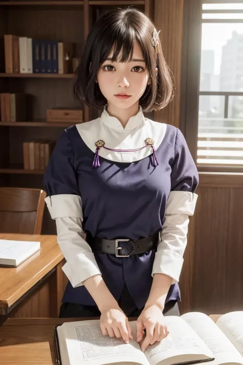 <lora:kancolle_haguro:0.95>, haguro, haguro \(kancolle\), haguro kai ni \(kancolle\), best quality, masterpiece, illustration, (realistic, photo-realistic:1.37), amazing, finely detail, incredibly absurdres, huge filesize, ultra-detailed, highres, extremely detailed CG unity 8k wallpaper, extremely detailed eyes and face, ray tracing, 1girl, small breasts, A portrait of a young Japanese girl studying hard at a desk in her own bedroom. On her head, she wears a cute hair ornament. She is sitting on a chair, leaning over an open textbook and some notes, with a pencil in her hand. She has an intense, focused expression as she reads. She is wearing her school uniform - juliet sleeves, long light purple blouse, black belt tied at the waist of the blouse, and elbow-length white gloves. Her bedroom desk is organized, with a lamp, some books, and a cup of tea. Digital art portrait depicting a student studying diligently.