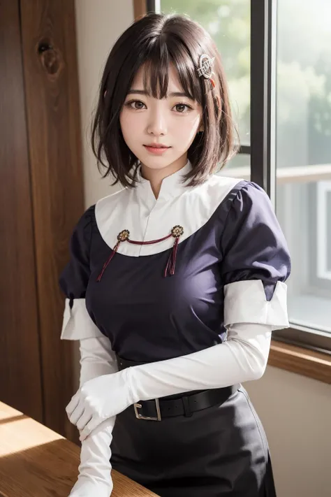 <lora:kancolle_haguro:0.8>, haguro, haguro \(kancolle\), best quality, masterpiece, illustration, (realistic, photo-realistic:1.37), amazing, finely detail, incredibly absurdres, huge filesize, ultra-detailed, highres, extremely detailed CG unity 8k wallpaper, extremely detailed eyes and face, ray tracing, 1girl, small breasts, skindentation, A portrait of a young Japanese girl with short black hair and brown eyes looking shyly at the viewer. She is wearing a hair ornament, juliet sleeves, a black narrow skirt, long light purple blouse, black belt tied at the waist of the blouse, white gloves that go up to her elbows. The hem of the light purple blouse extends below the black skirt, covering it. She has rosy blushed cheeks and a slight, bashful smile. Digital art portrait.