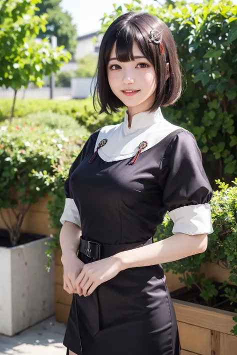 <lora:kancolle_haguro:0.8>, haguro, haguro \(kancolle\), best quality, masterpiece, illustration, (realistic, photo-realistic:1.37), amazing, finely detail, incredibly absurdres, huge filesize, ultra-detailed, highres, extremely detailed CG unity 8k wallpaper, extremely detailed eyes and face, ray tracing, nsfw, nude, 1girl, small breasts, skindentation, A portrait of a young Japanese girl with short black hair and brown eyes. She is wearing a hair ornament, juliet sleeves, a black narrow skirt, purple dress, black belt, white gloves that go up to her elbows. She has rosy blushed cheeks and a cute smile. Digital art portrait.