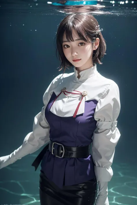 <lora:kancolle_haguro:0.8>, haguro, best quality, masterpiece, illustration, (realistic, photo-realistic:1.37), amazing, finely detail, incredibly absurdres, huge filesize, ultra-detailed, highres, extremely detailed CG unity 8k wallpaper, extremely detailed eyes and face, ray tracing, 1girl, small breasts, (long gloves), A portrait of a young Japanese girl fully submerged under the surface of water in a standing pose. She is positioned below the illuminated water, with strong light shining down through the water above her, creating an artistic, ethereal atmosphere all around her underwater. Her hair ornament floats gently, along with her juliet sleeves, long light purple blouse in a pale purple color, black belt tied at the waist of the blouse, and elbow-length white gloves in a pure white color. She has rosy blushed cheeks and a slight, bashful smile on her face as she stands completely below the illuminated water. Digital art portrait with a minimalist, artistic underwater style.