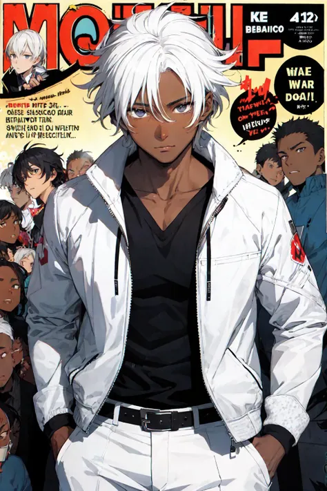 white hair,dark skin, dark-skinned male, open jacket,belt,white pants, comic, Background,cross-section, Speech bubble,manga \(object\), left-to-right manga,