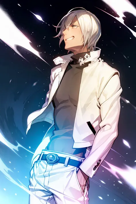 masterpiece, best quality, <lora:zapp:1>,1boy, grin,solo, male focus, white hair,dark skin, dark-skinned male, open jacket,belt,white pants,
