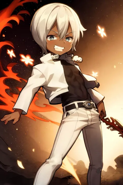 masterpiece, best quality, <lora:zapp:1>,chibi,1boy, grin,solo, male focus, white hair,dark skin, dark-skinned male, open jacket,belt,white pants,