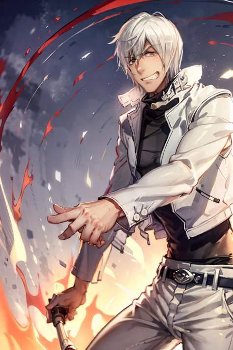 masterpiece, best quality, <lora:zapp:1>,1boy, grin,solo, male focus, white hair,dark skin, dark-skinned male, open jacket,belt,white pants, <lora:lq:0.8>
