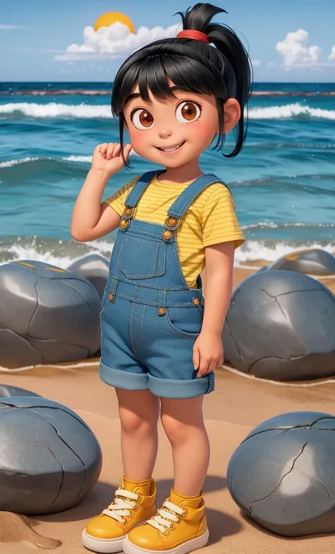 1girl, Black hair with straight bangs and a ponytail with a red band, big round brown eyes, slightly blushed cheeks, smiling expression, wearing a striped yellow and blue shirt, blue overalls, white shoes with gray soles <lora:Agnes_Gru:1>, ocean, palms, sand, sun, (child:1.2), rocks