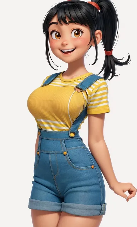 (best quality:1.4),(shiny skin), body focus, (cute face), (((best quality))), illustration, ((Beautiful Finger)), , Beautiful body, Beautiful character design, ,perfect lighting, Colorful, Bright_Front_face_Lighting, ultra high res, highres, absurdres:1.2, bokeh:1.2, lens flare, (vibrant_color:1.2), (Beautiful, medium breasts:1.6), (thick thighs:1.1), THICK,
Black hair with straight bangs and a ponytail with a red band, big round brown eyes, slightly blushed cheeks, smiling expression, wearing a striped yellow and blue shirt, blue overalls <lora:Agnes_Gru:1>