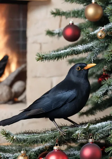 <lora:eurasian blackbird SDXL-000002:1>
eurasian blackbird,turdus merula,best quality, high quality, highres, masterpiece,bird, christmas tree, solo, christmas, christmas ornaments, christmas present, christma,indoors, fireplace, bonfire,